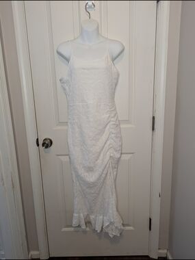 Joocy Babi White Lace Ruched Maxi Dress Ruffle Hem Cami Spaghetti Strap Size L